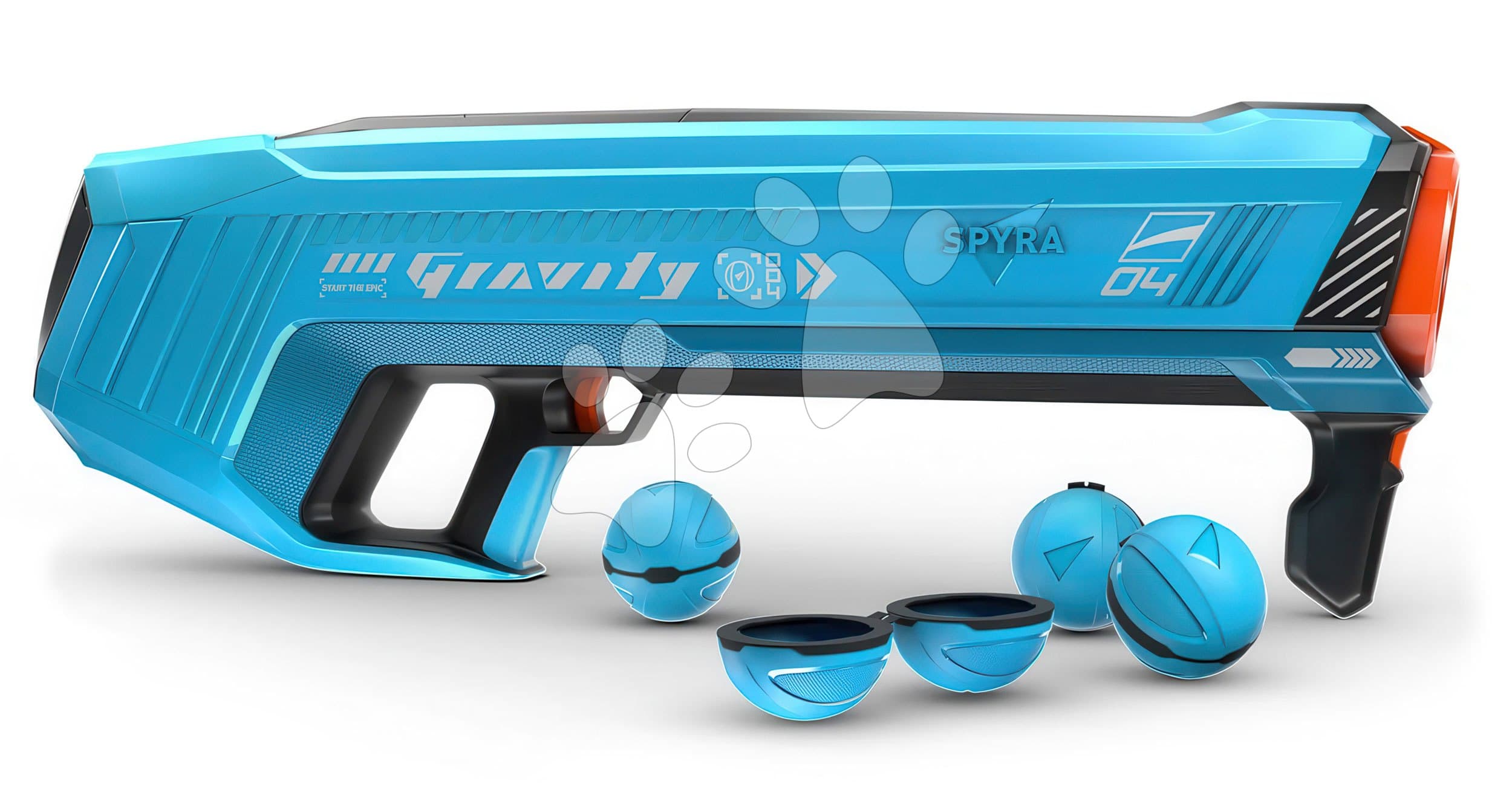 Vodný granátomet s farebným LED displejom SpyraGravity Blue Spyra s integrovanou batériou s USB-C nabíjaním a 4 vodné granáty s dostrelom 16 m