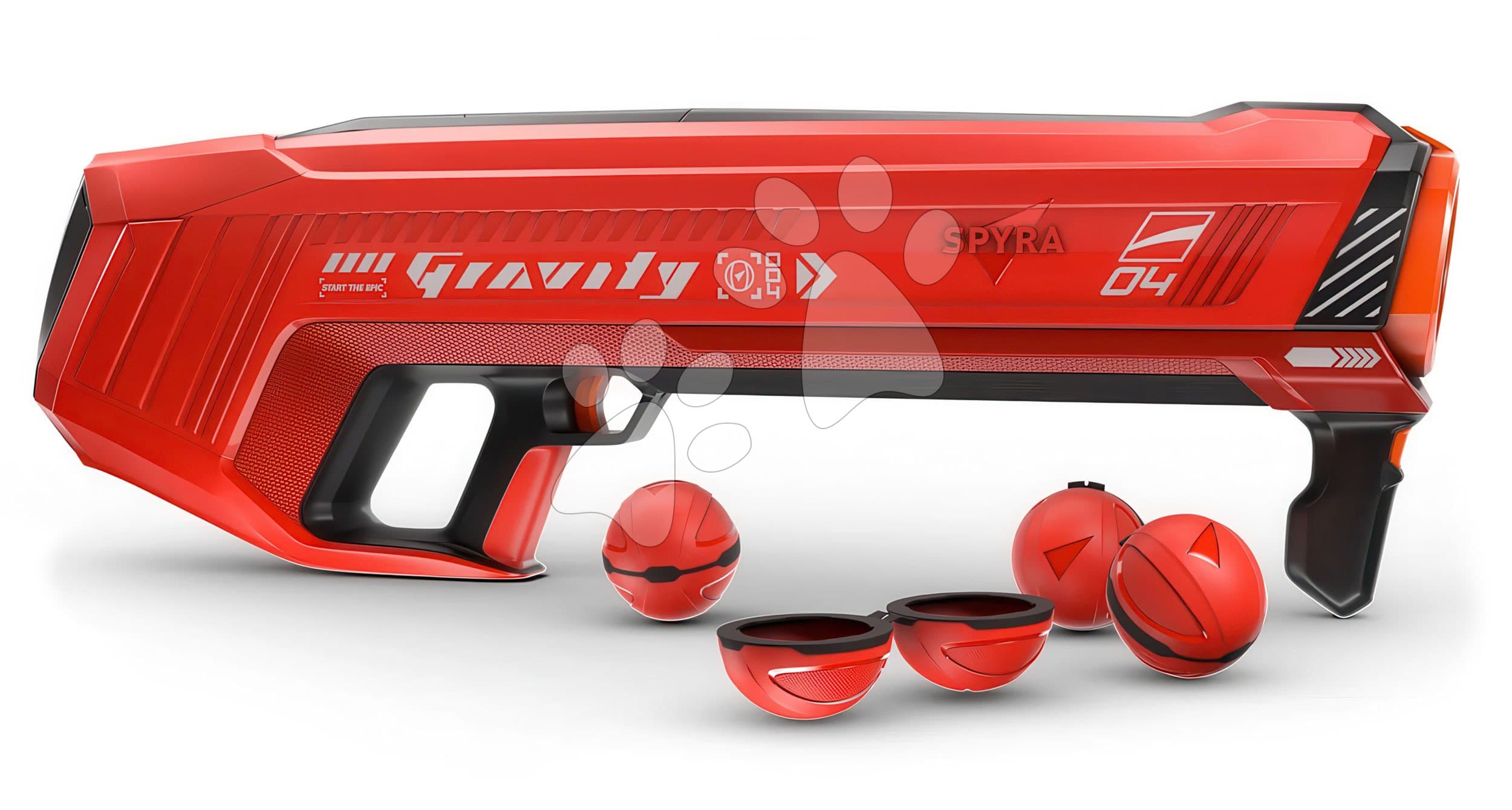 Vodný granátomet s farebným LED displejom SpyraGravity Red Spyra s integrovanou batériou s USB-C nabíjaním a 4 vodné granáty s dostrelom 16 m
