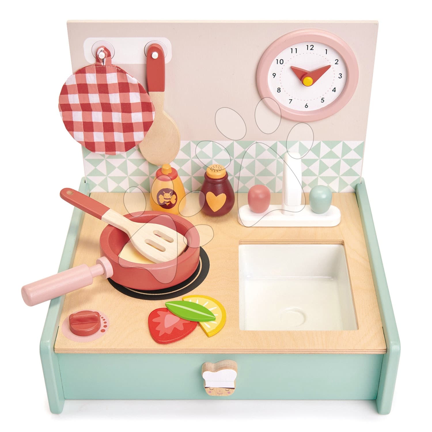Drevená kuchynka v šuflíku Kitchenette Tender Leaf Toys s hodinami panvicou a potravinami