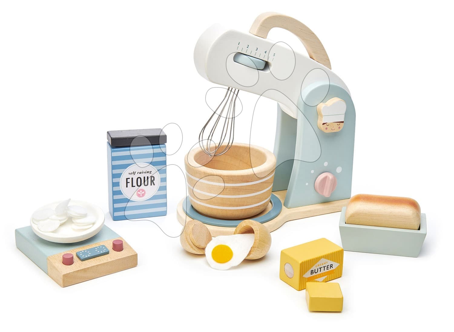 Drevený kuchynský robot Home baking set Tender Leaf Toys s váhou, riadom a potravinami 1