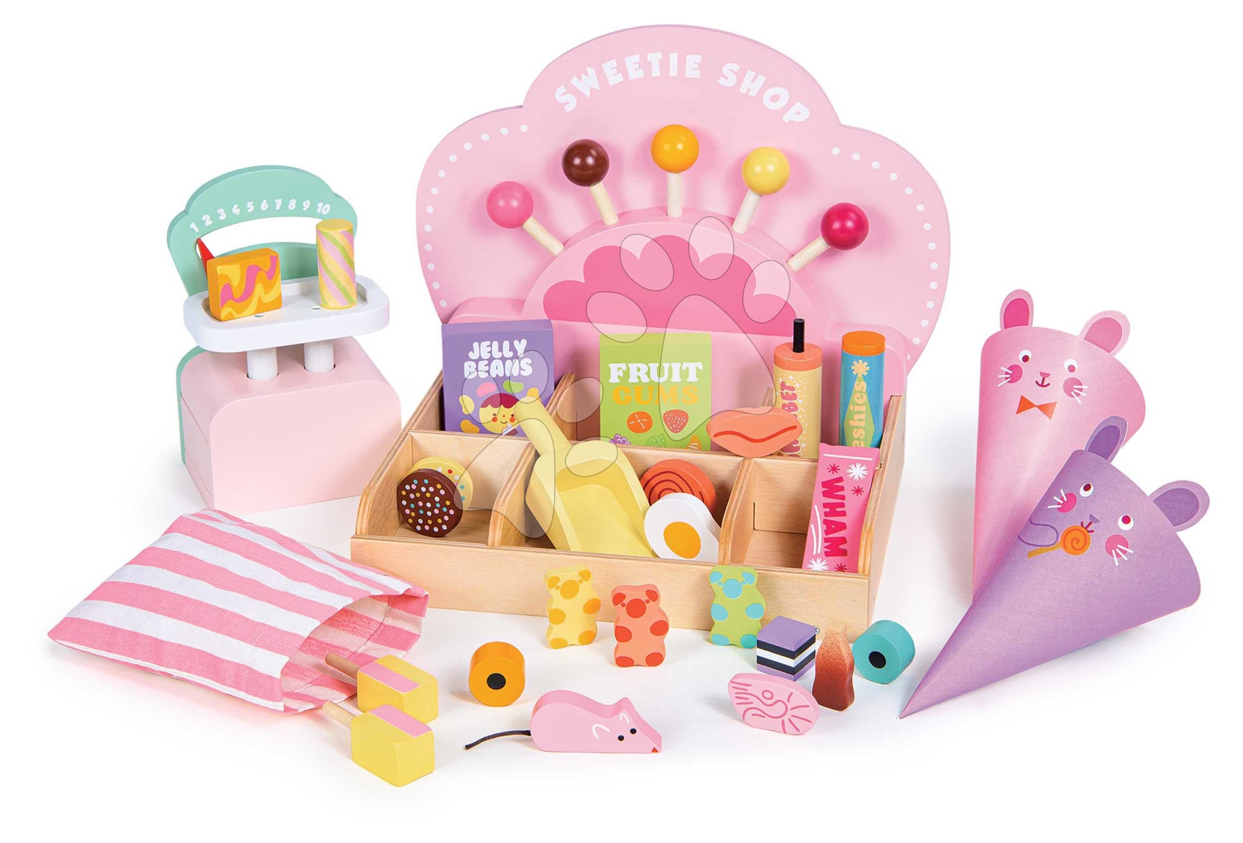 Drevený obchod so sladkosťami Sweetie Pic'N'Mix Shop Tender Leaf Toys s váhou cukríkmi a lízatkami