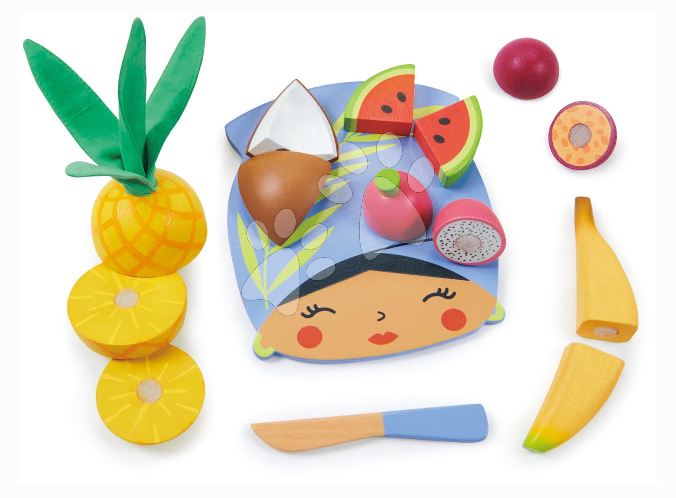 Drevená doska s tropickým ovocím Tropical Fruit Chopping Board Tender Leaf Toys s nožom na krájanie od 24 mes 1