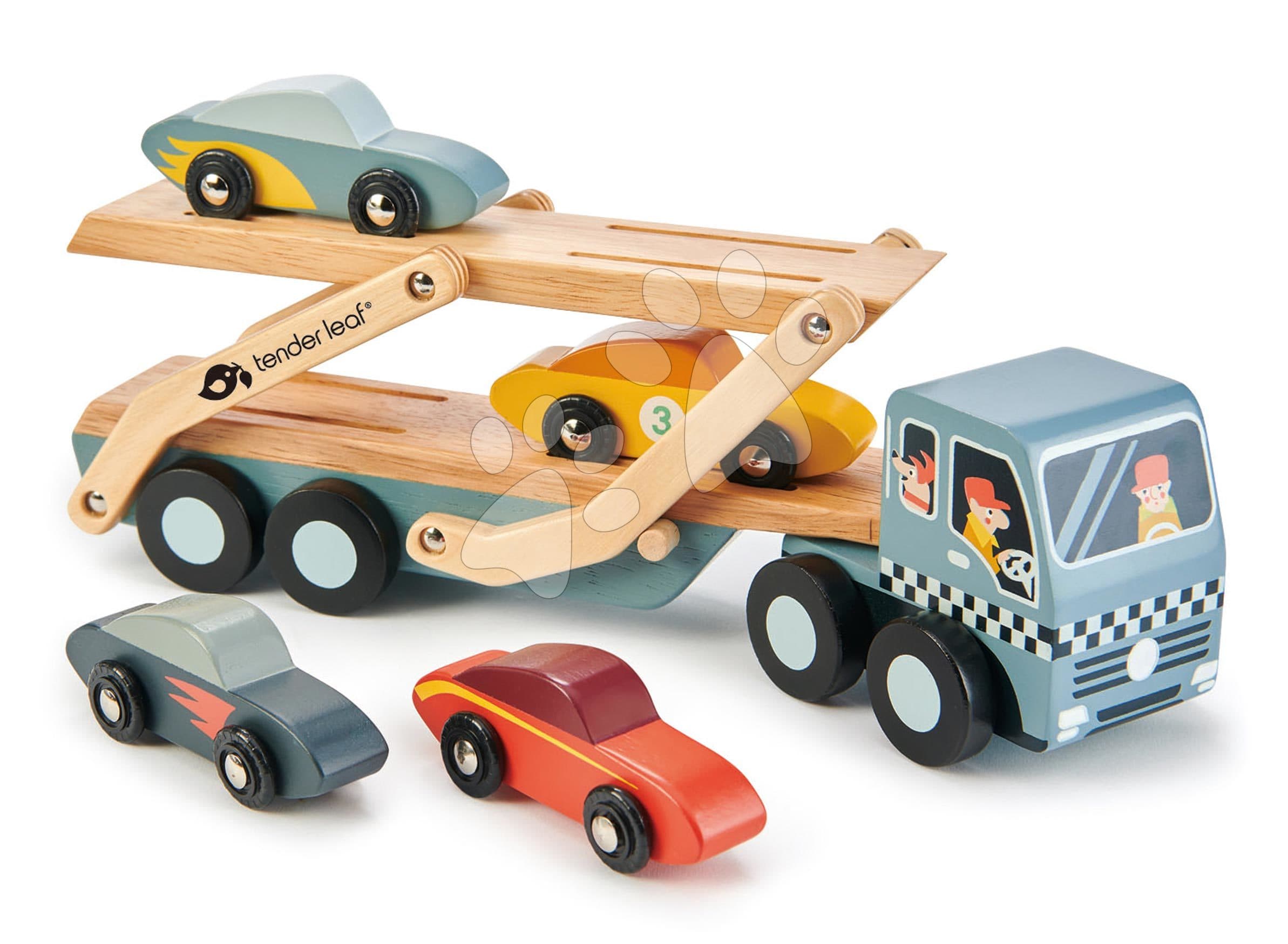 Drevený kamión Car Transporter Tender Leaf Toys s pohyblivou plošinou a 4 autíčkami 1