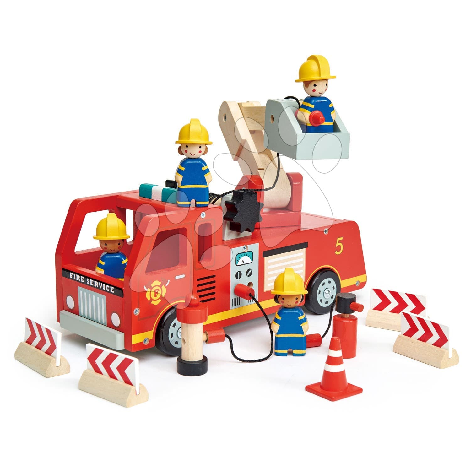 Drevené hasičské auto Fire Engine Tender Leaf Toys s funkčnou plošinou a 4 hasiči s doplnkami 1