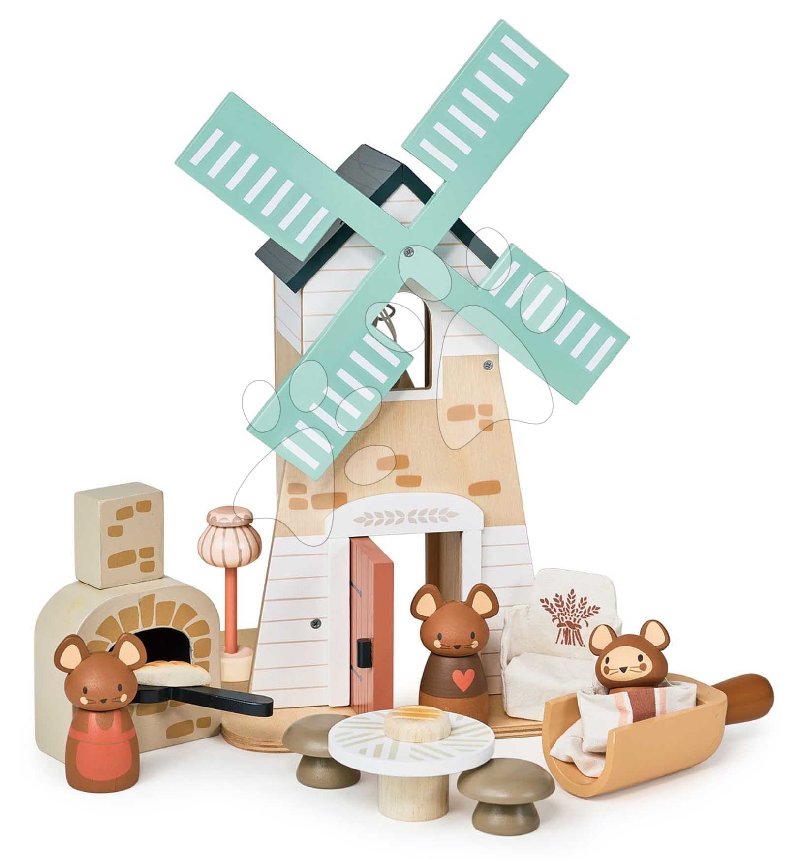 Drevený veterný mlyn Penny Windmill Tender Leaf Toys s pecou na pečenie chleba a 3 figúrky myšiek