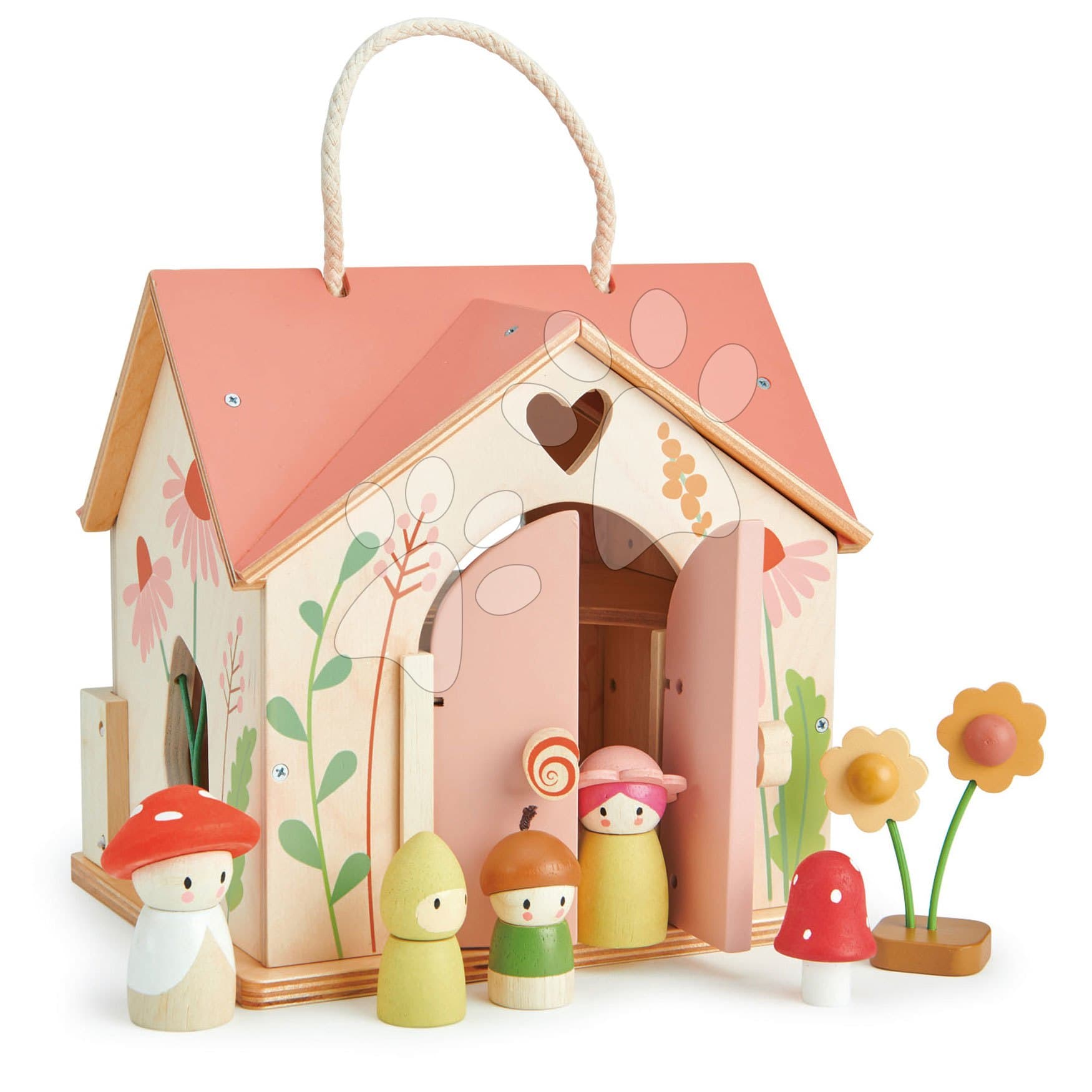 Drevený lesný domček Rosewood Cottage Tender Leaf Toys s hojdačkou záhradkou a 4 postavičkami 1