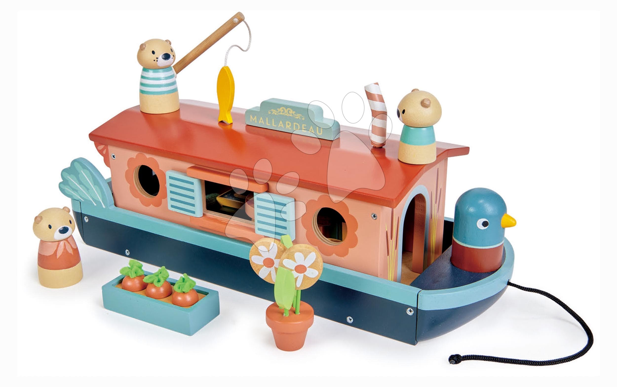 Drevená loďka Little Otter Canal Boat Tender Leaf Toys s 3 figúrkami vydier a 14 doplnkami 1