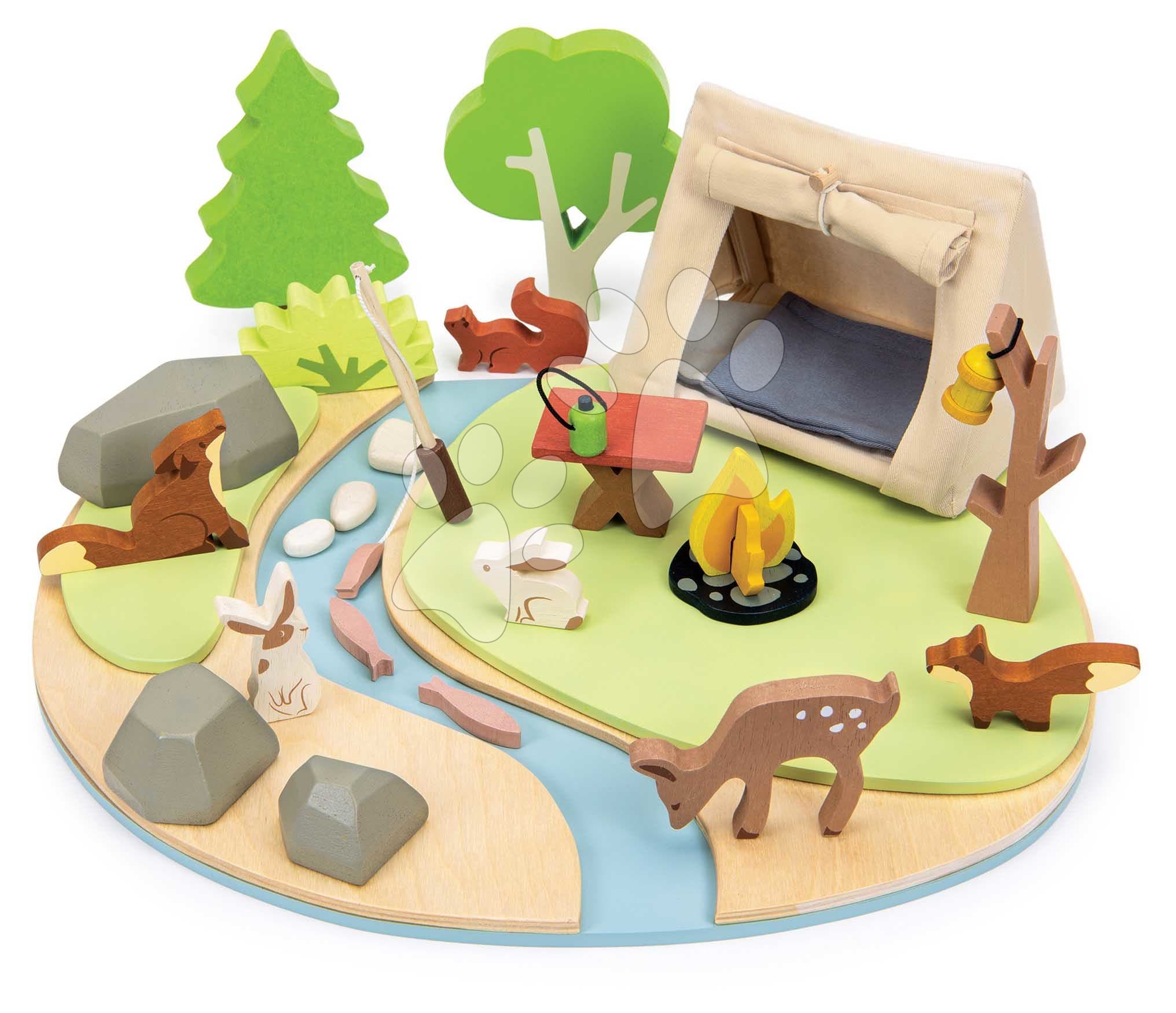 Drevené táborisko so stanom a ohniskom Wildlife Camping Playset Tender Leaf Toys s figúrkami zvieratiek