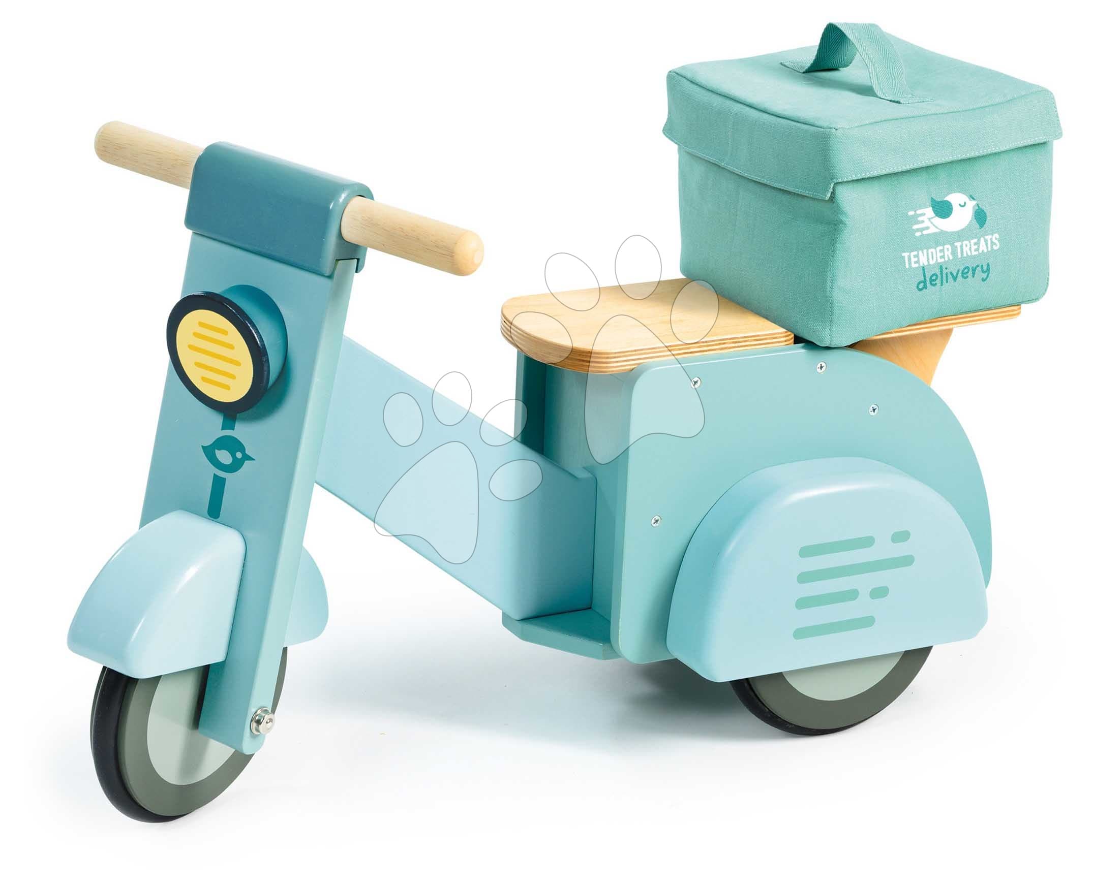 Drevené odrážadlo Donáška jedla Delivery Scooter Tender Leaf Toys s gumenými kolesami a plátená taška od 24 mes