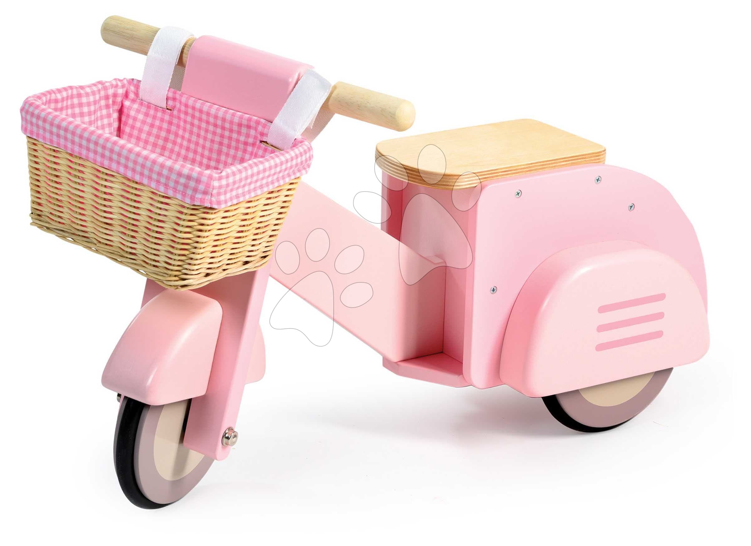 Drevené odrážadlo s prúteným košíkom Scooter with Basket Tender Leaf Toys ružové s gumenými kolesami od 24 mes