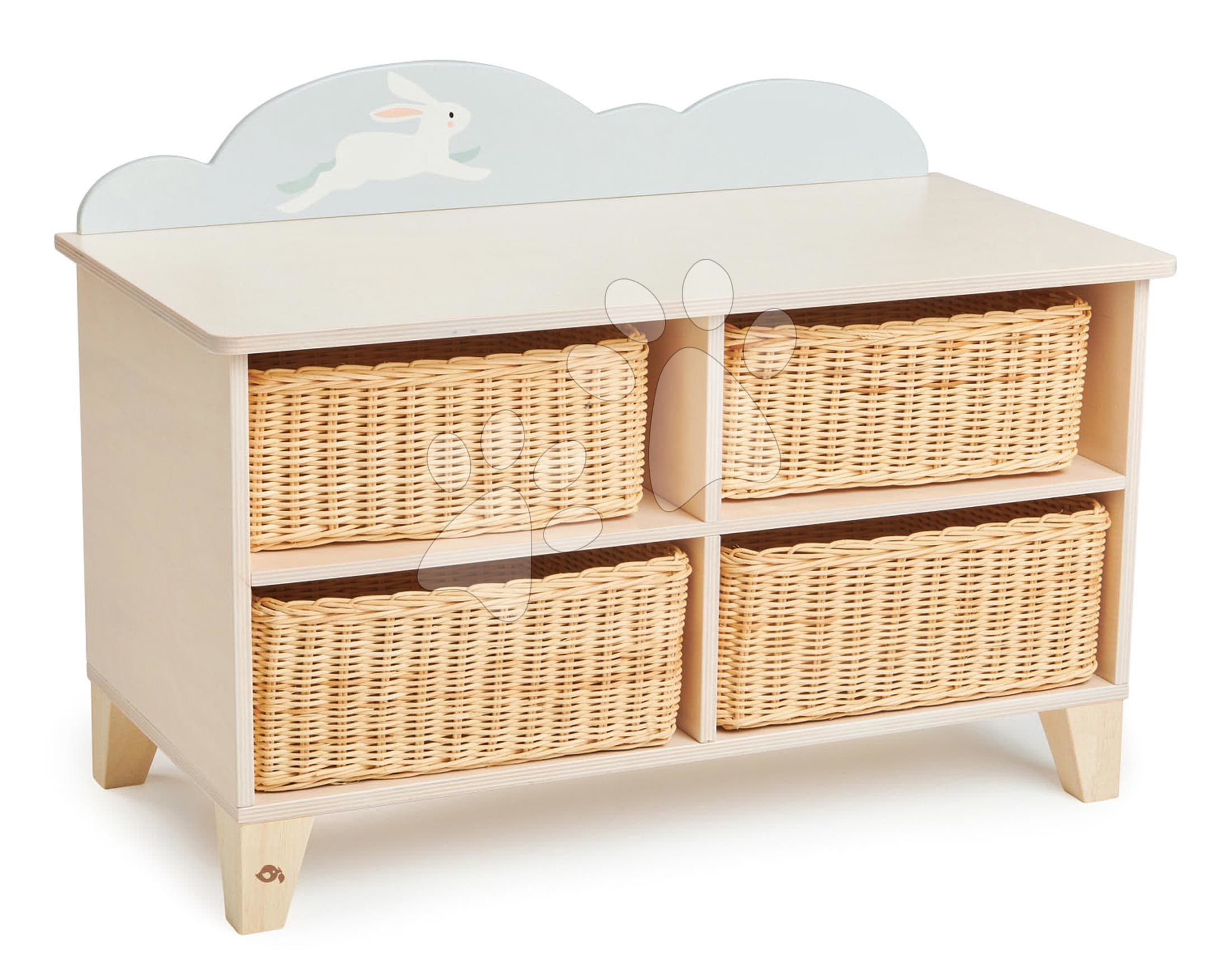 Drevená skrinka so zajačikom Bunny Storage Unit Tender Leaf Toys so 4 odkladacími prútenými košmi 1