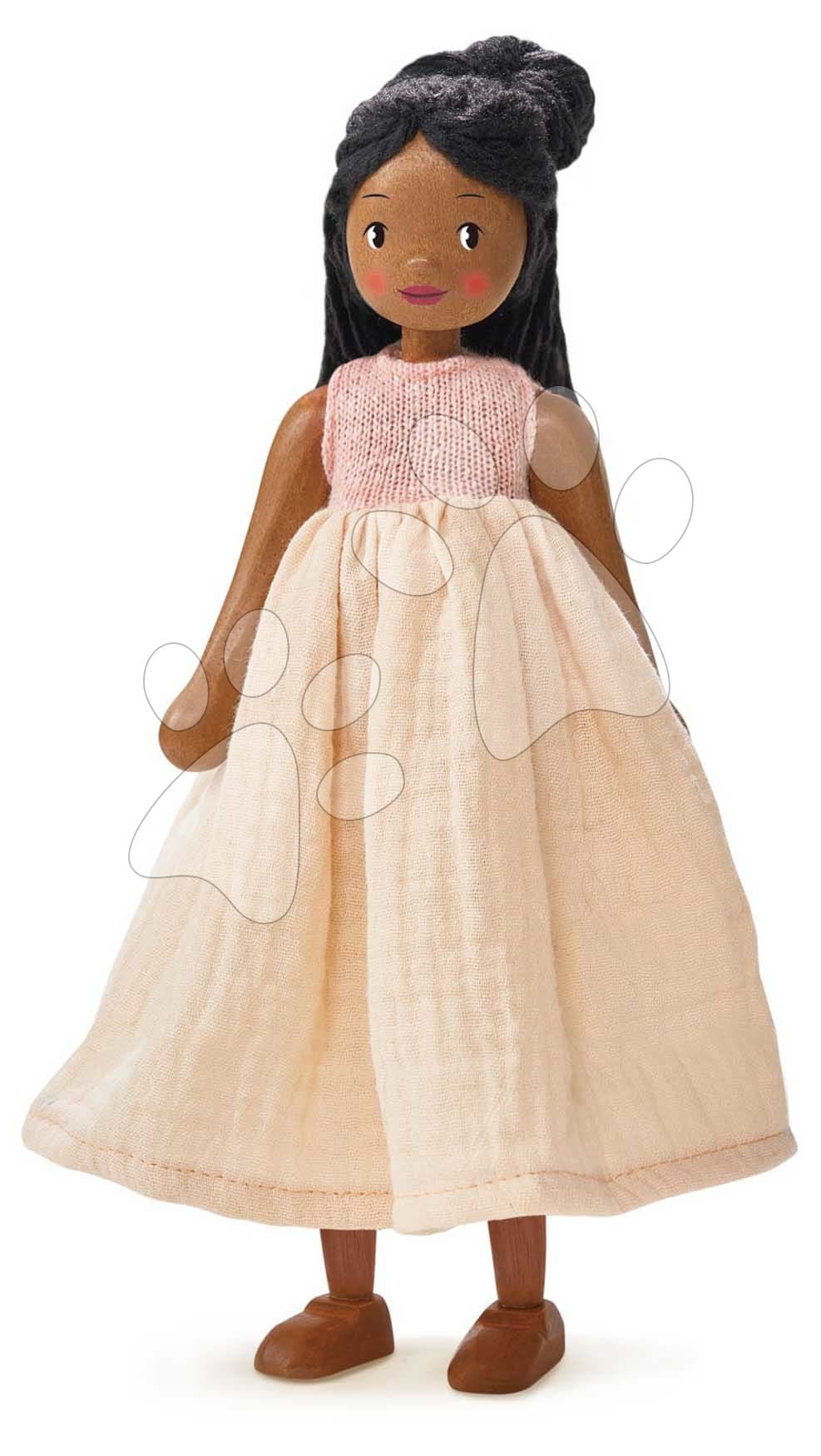 Drevená bábika v šatách Lola Wooden Doll Tender Leaf Toys s pohyblivými rukami a nohami 25 cm výška