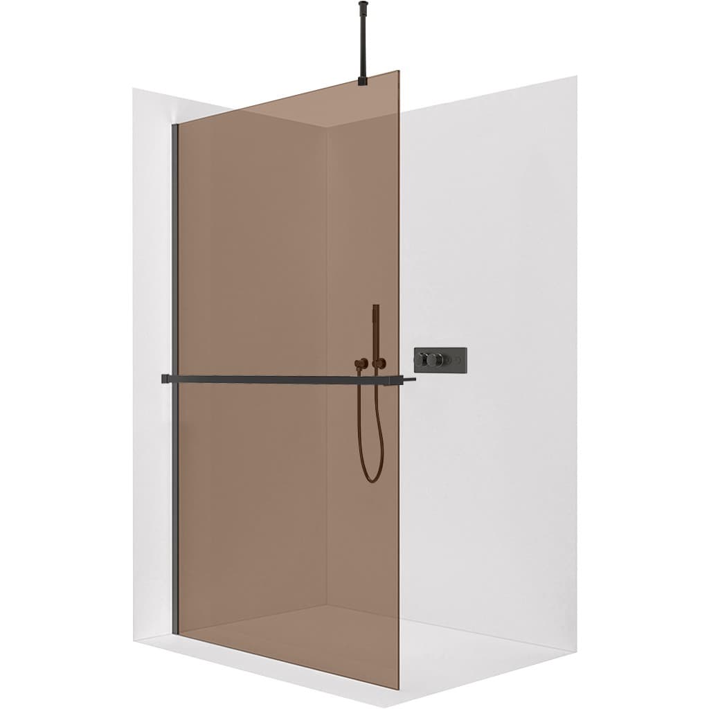 CERANO - Sprchová zástena Walk-in Onyx Top Round Ľ/P - 8 mm - okrúhla vzpera + polička/držiak na uteráky - čierna matná, bronzové sklo - 90x200 CER-690121 1