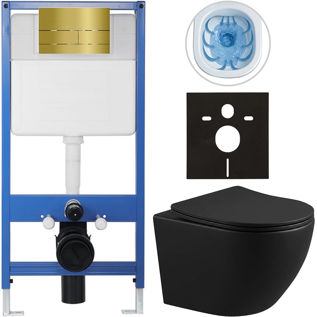 CERANO - Kompletný WC set Profi/Cesso - čierna matná - WC tlačidlo Line/Zlatá - predstenová inštalácia - 49x36 CER-8050BD84269 1