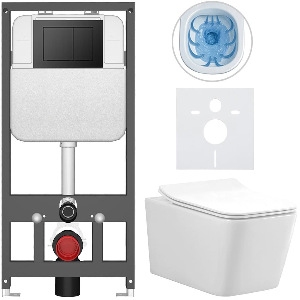 CERANO - Kompletný WC set Basic/Forte - biela lesklá - WC tlačidlo Maxio/Čierna - závesné - predstenová inštalácia - 51x36 CER-8050BD86128 1