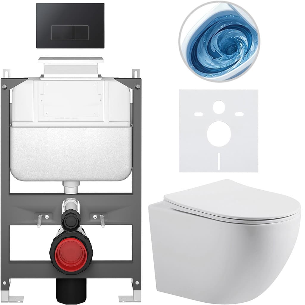 CERANO - Kompletný WC set Basic/Cesso - biela matná - WC tlačidlo Modulo/Čierna - ovládanie zhora - predstenová inštalácia - 49x36 CER-8050BD86185 1