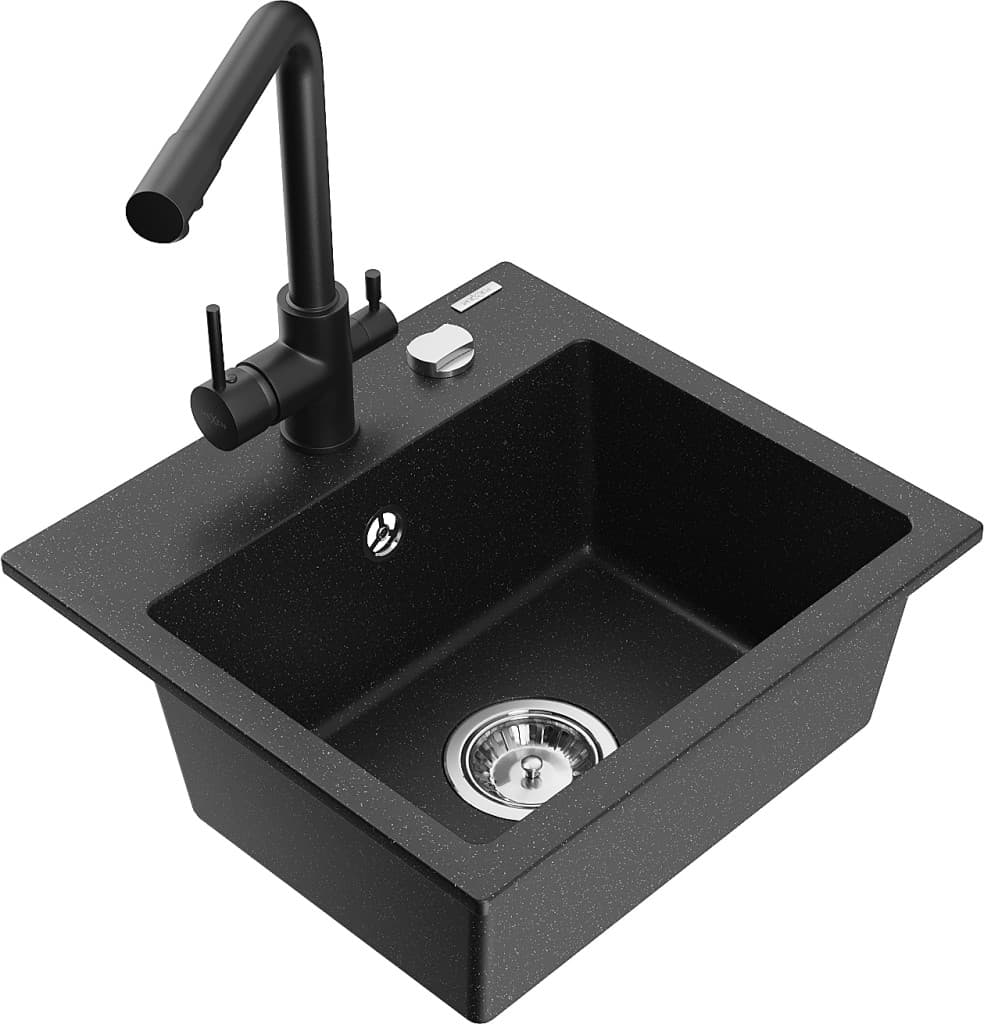 MEXEN/S MEXEN/S - Milo granitový drez vrátane batérie Duero, čierna/strieborná metalík 6505-73-671600-70 1
