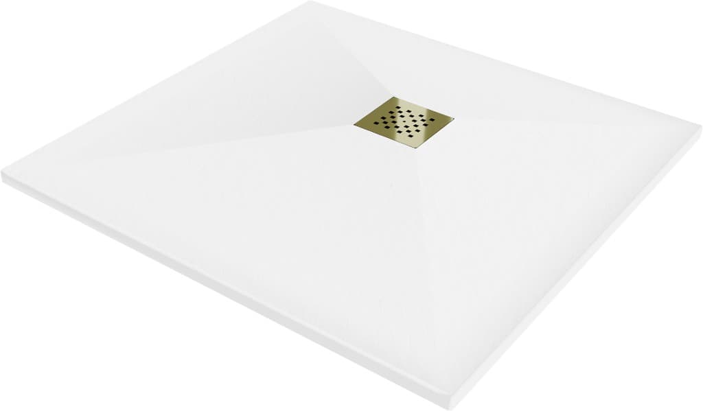 MEXEN/S - Stone+ štvorcová sprchová vanička 70 x 70, biela, mriežka zlatá 44107070-G 1