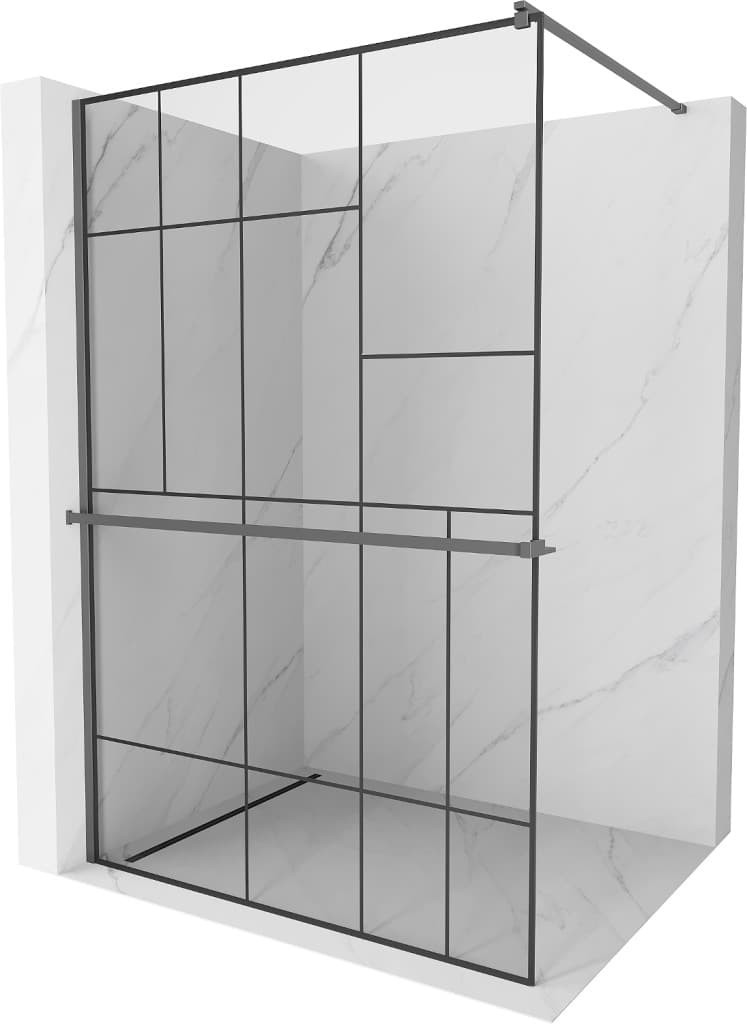 MEXEN/S - Kioto+ Sprchová zástena s poličkou WALK-IN 70 x 200, čierna vzor, grafit metal 800-070-121-95-78