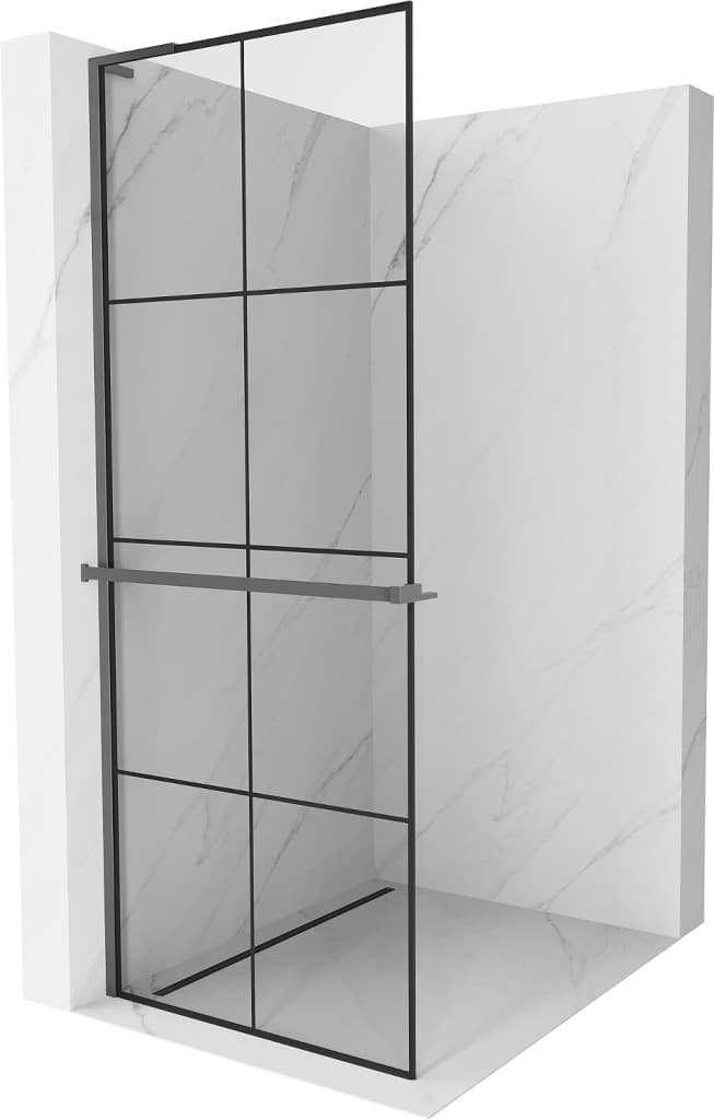 MEXEN/S - Kioto+ L Sprchová zástena WALK-IN s poličkou a držiakom uterákov 90 x 200, čierny vzor, grafit metal 800-090-123-95-77