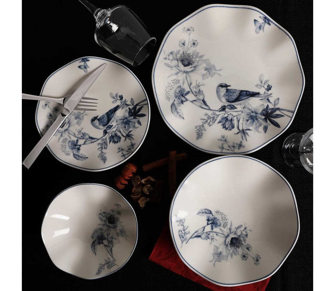 Jedálna súprava 24 ks biela/modrá/porcelán 387GRP1258 1