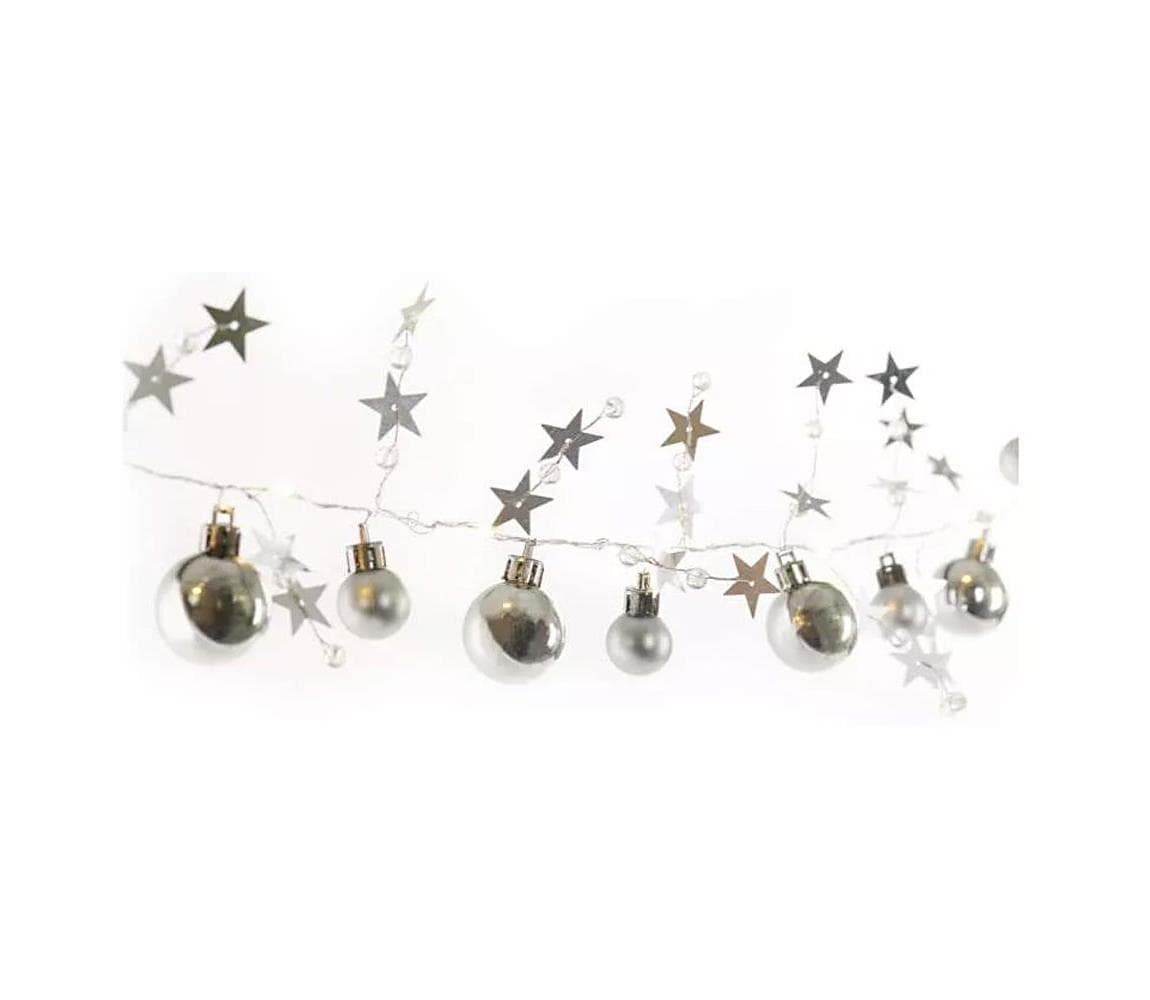 DCGW10 20 LED girlanda strieborné gule s hviezdami 1,9 cm 2x AA vnútorná teplá biela 1