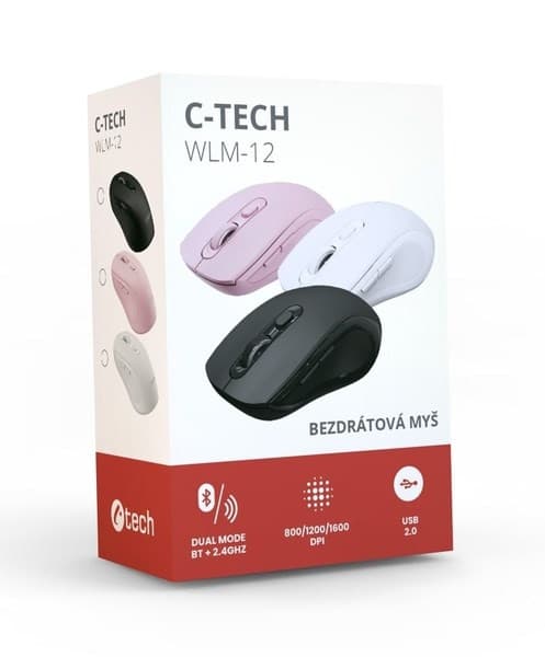 C-TECH myš Dual mode WLM-12PK, bezdrôtová, 1600DPI, 6 tlačidiel, ružová, USB nano receiver