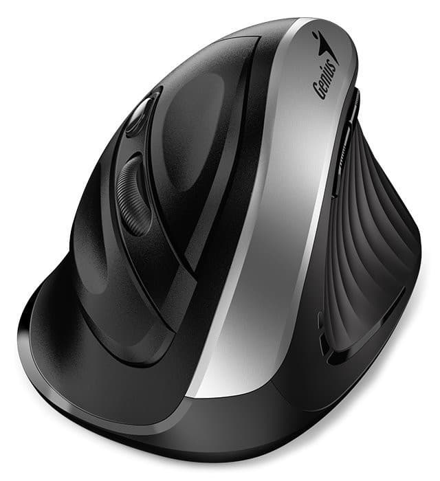Genius Ergo 8250S, Myš, bezdrôtová, vertikálna, 1600DPI, 6 tlačidiel, tichá, čierno-strieborná