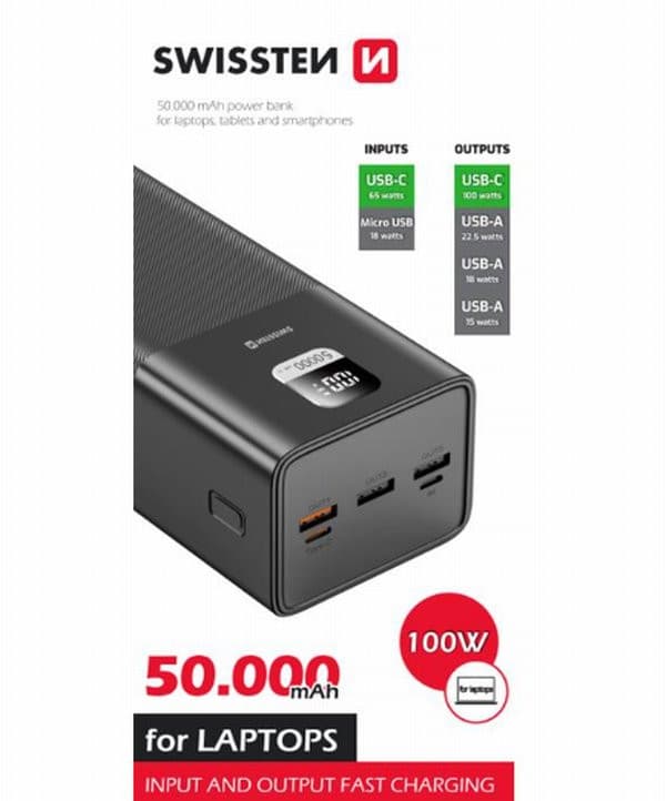 SWISSTEN POWER LINE POWER BANK 50000 mAh 100W POWER DELIVERY BLACK 1