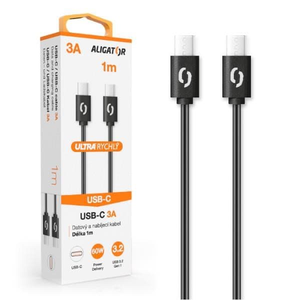 ALIGATOR dátový kábel POWER 60W, USB-C/USB-C 3A, dĺžka 1 m, čierna