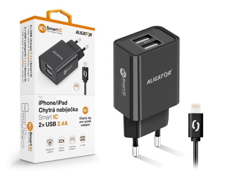 Aligator sieťová nabíjačka, 2x USB, smart IC, 2, 4 A, kábel Lightning 2A, čierna 1