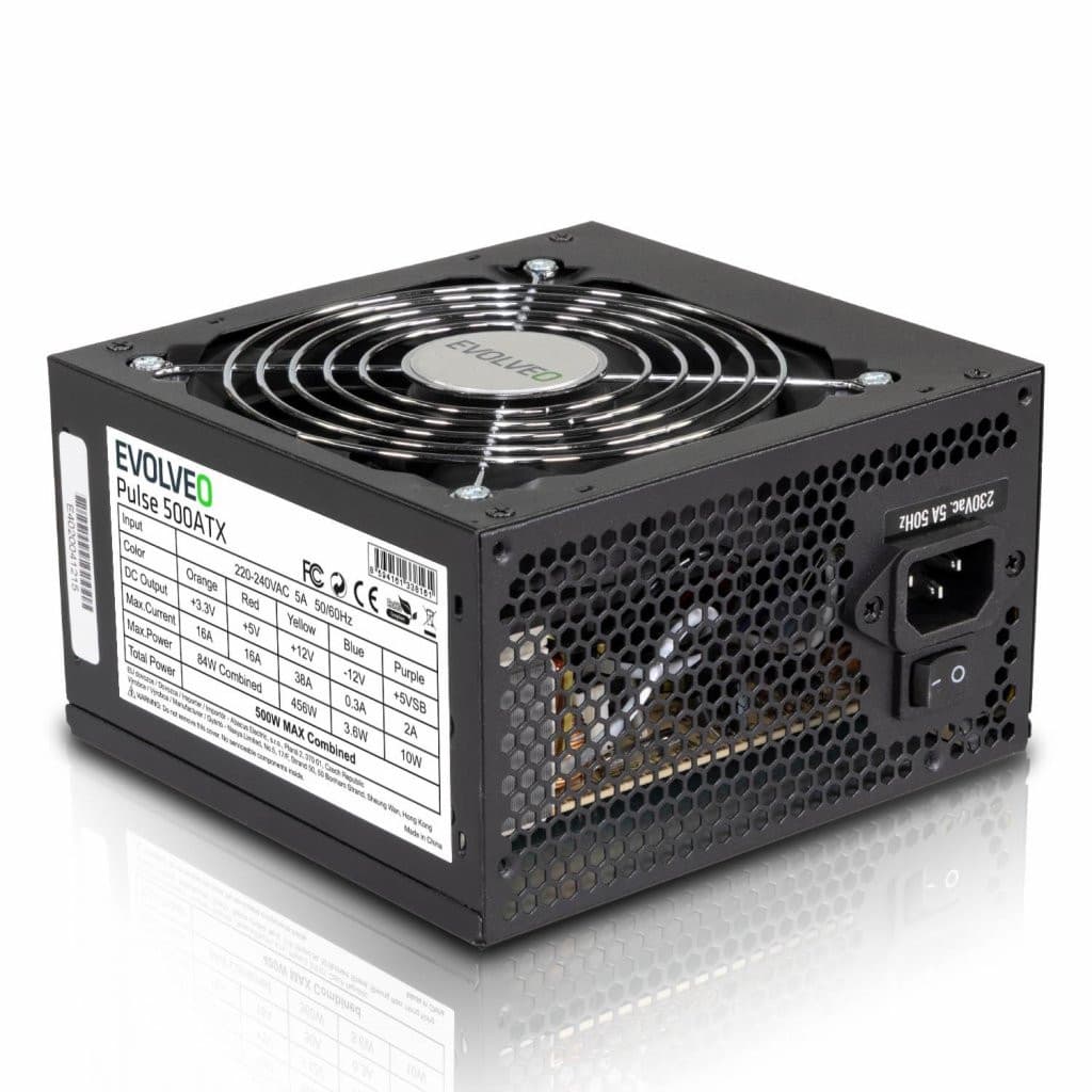 EVOLVEO Pulse 500ATX, zdroj 500W, ATX 2.2, 2× PCIe, aPFC, tichý 120mm ventilátor, 4x SATA, bulk, záruka 3 roky, čierny