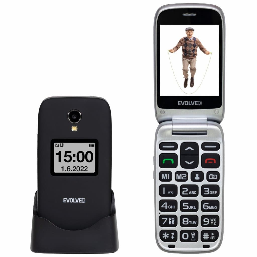 EVOLVEO EasyPhone FS, vyklápací mobilný telefón 2.8" pre seniorov s nabíjacím stojanom (čierna farba) 1
