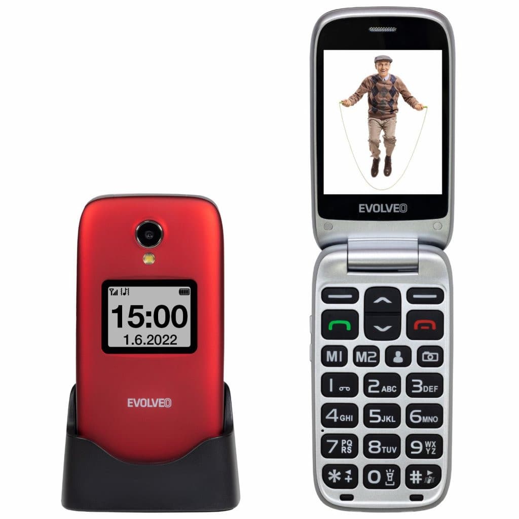 EVOLVEO EasyPhone FS, vyklápací mobilný telefón 2.8" pre seniorov s nabíjacím stojanom (červená farba) 1