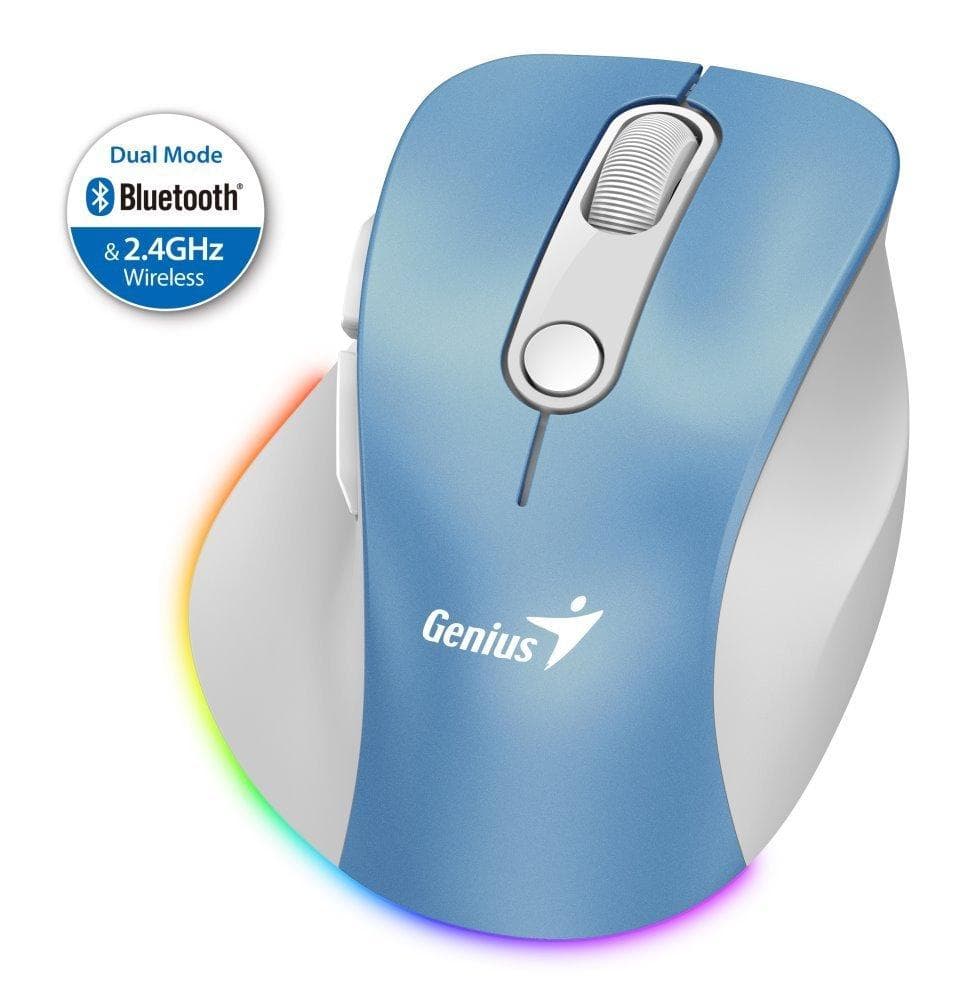 Genius Ergo 9000S Pre Myš, bezdrôtová, optická, 2400DPI, 6 tlačidiel, BT, 2,4GHz, USB-C nabíjanie, tichá, 7farebné podsv., modrobiela