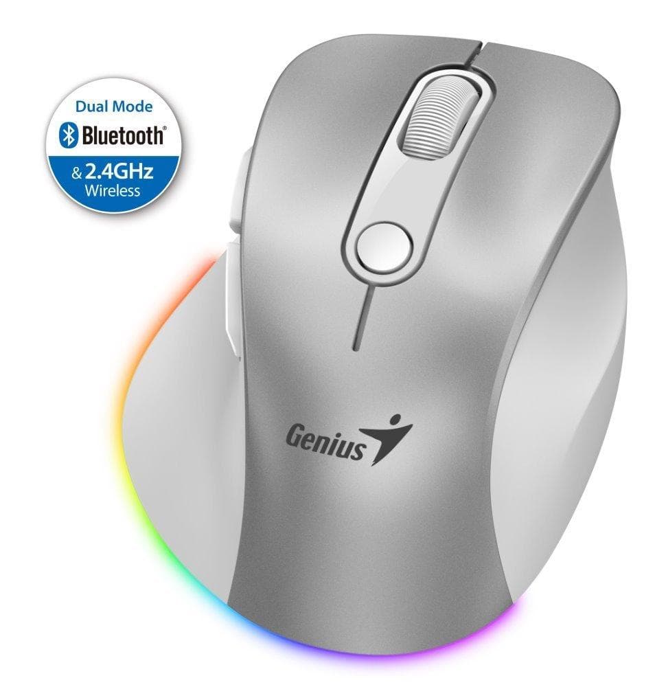 Genius Ergo 9000S Pre Myš, bezdrôtová, optická, 2400DPI, 6 tlačidiel, BT, 2,4GHz, USB-C nabíjanie, tichá, 7farebné podsv., strieborná