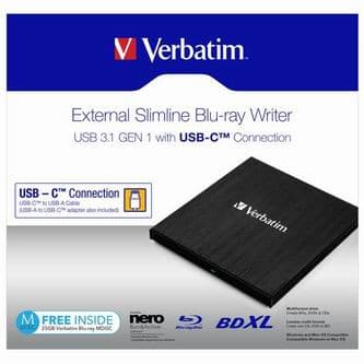 Verbatim externá Blu-Ray mechanika, 43889, USB 3.1, USB-C, ZADARMO 25GB MDISC 1