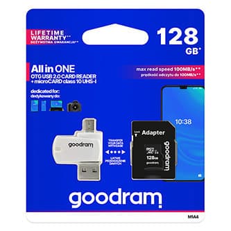 Goodram pamäťová karta Micro Secure Digital Card All-In-ON, 128 GB, multipack, M1A4-1280R12, UHS-I U1 (Class 10), multipack s čítač 1
