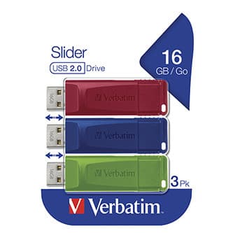Verbatim USB flash disk, USB 2.0, 16GB, Slider, zelený, modrý, červený, 49326, USB A, s výsuvným konektorom, 3 ks 1