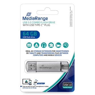MediaRange USB flash disk, USB 3.0, 64GB, strieborný, MR937, USB A/USB C, s krytkou 1