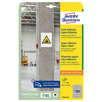 Avery Zweckform etikety 25.4mm x 10mm, A4, biele, 189 etikiet, s vysokou lepivosťou, balené po 20 ks, L7871-20, pre laserové a atr 1