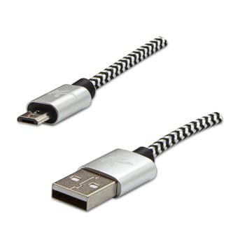 Logo USB kábel (2.0), USB A samec - microUSB samec, 1m, 480 Mb/s, 5V/2A, striebra, box, nylonové opletenie, hliníkový kryt konek 1