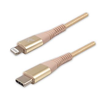 Logo USB kábel (2.0), USB C samec - Apple Lightning samec, 1m, MFi certifikácia, 5V/3A, zlatý, box, nylonové opletenie, hliníkový 1