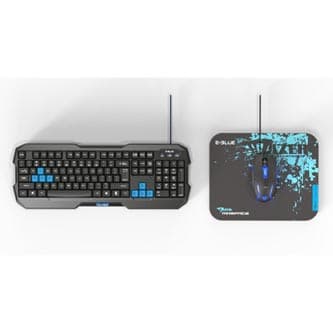 E-blue Polygon sada klávesnica káblová (USB) US, černo-modrá s myškou Cobra II, herná, a podložkou Mazer Marface S typ, DOPRODEJ