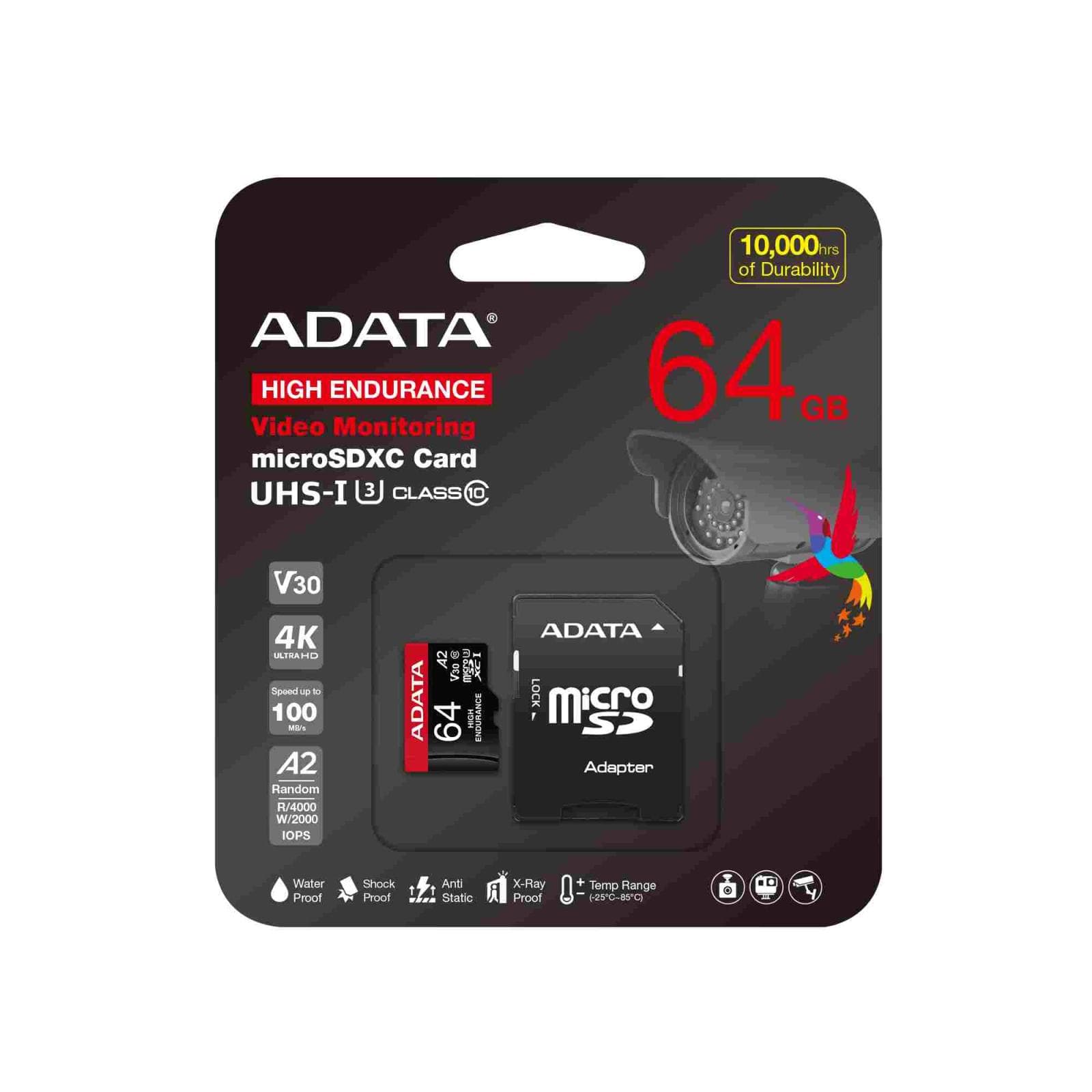 ADATA MicroSDXC karta 64 GB High Endurance UHS-I C10 V30 A2 (R: 100/W: 80 MB/s) + SD adaptér 1
