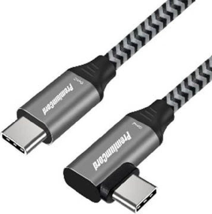 PremiumCord USB-C zahnutý kábel (USB 3.2 GEN 2x2, 5A, 100W, 20Gbit/s) 2m hliníkové krytky konektorov, bavlnený oplet