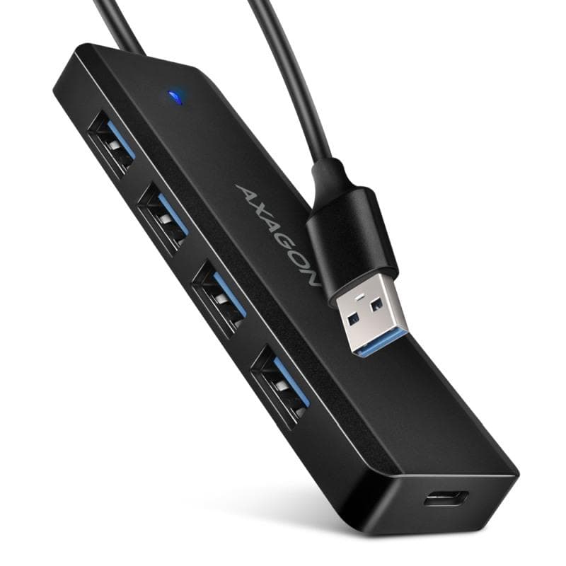 AXAGON HUE-C1A cestovný štvorportový USB-A 5Gbps hub/USB-C konektor pre externé napájanie/kábel 19 cm 1