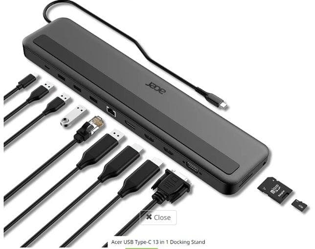 Acer 13in1 Type C Minidock: 3x USB3.0 (5Gbps Data Transfer), 1x USB-C (5Gbps Data transfer), 1x USB-C Power Delivery (up to 100W) 1