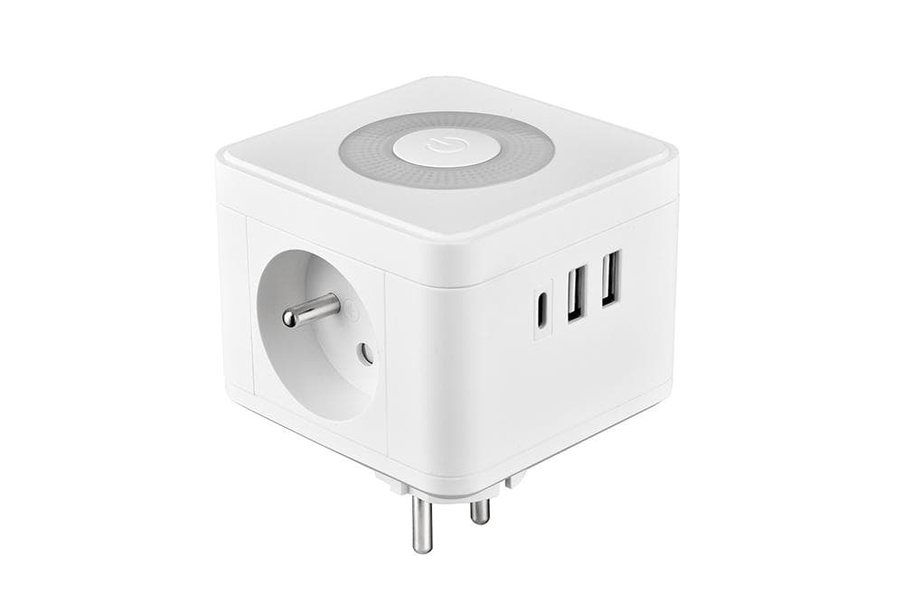 Sieťový adaptér VIKING Y23L, biela/Output:2xAC,1xUSB-A,2xUSB-C/dotykové LED svetlo 1