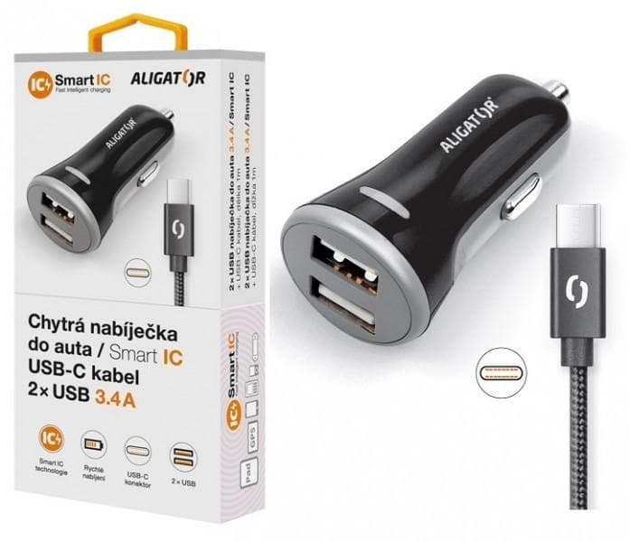 ALIGATOR Chytrá nabíjačka do auta 3.4A, 2xUSB, smart IC, čierna, USB-C kábel 1